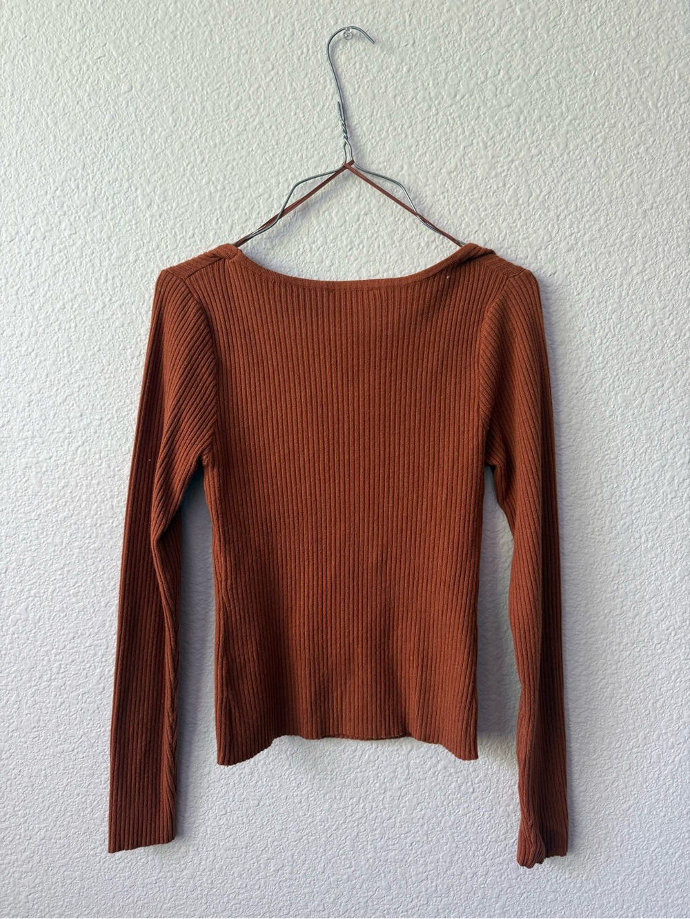 Square Neck Ribbed Long Sleeve Top - Rust - Picture 2 of 5